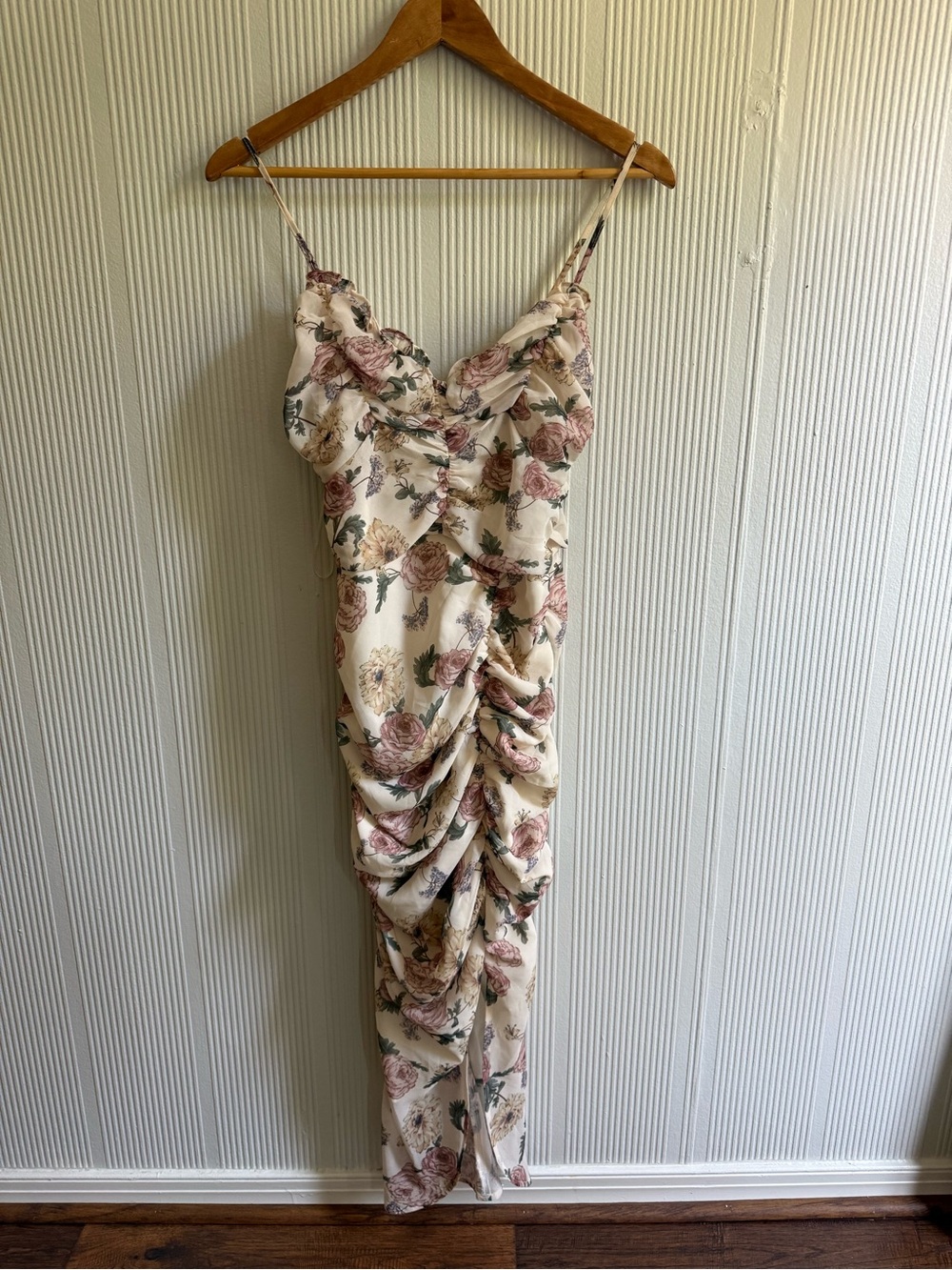 Mable Floral Ruched Slip Dress in Cream and Blush
